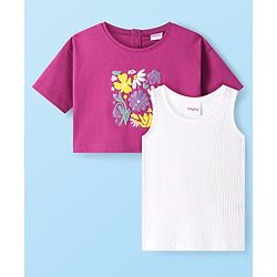 Babyhug Cotton Knit Half Drop Down Shoulder T-Shirt with Vest Sequinned Floral Detailing - Purple