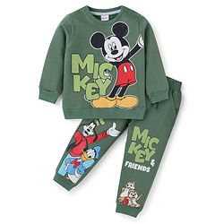 Babyhug Disney Single Jersey Knit Full Sleeves T-Shirt & Track Pant Set With Mickey & Friends Graphics - Olive
