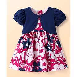 Babyhug Cotton Knit Half Puffed Sleeves Shrug & Floral Printed Frock - Navy Blue & Dark Pink