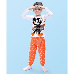 Babyhug Disney Single Jersey Knit Full Sleeves Mickey Mouse & Star Printed Night Suit - Coral & Grey