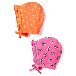 Babyhug Interlock Knit Caps With Floral & Polka Dot Print Pack of 2 - Dark Pink & Orange