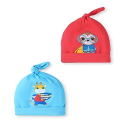 Babyhug Interlock Knit Caps With Animal Print Pack Of 2 - Red & Sky Blue