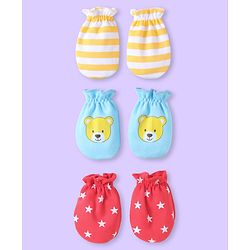 Babyhug Cotton Knit Mittens With Stripes Bear & Star Print Pack of 3 -Yellow Light Blue & Red