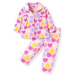 Babyhug Cotton Knit Full Sleeves Night Suit With Heart Print - Pink