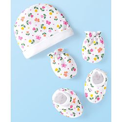 Babyhug 100% Cotton Knit Cap Mittens & Booties Set wit Floral Print - White