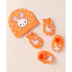 Babyhug Interlock Knit Cap Mittens & Booties With Bunny & Polka Dot Print - Orange