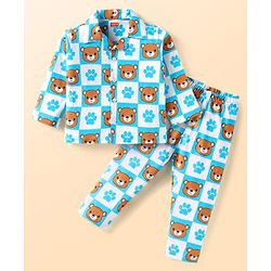 Babyhug Cotton Knit Full Sleeves Bear Printed Night Suit - Aqua Blue