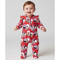 Babyhug Disney Interlock Knit Full Sleeves Front Open Footed Sleep Suit with Minnie Mouse Print & Frill Detailing - Red