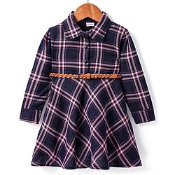 Babyhug Cotton Woven Full Sleeves Checks Print Frock - Navy Blue