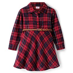 Babyhug Cotton Woven Full Sleeves Checkered Frock With Collar Neck - Dark Red