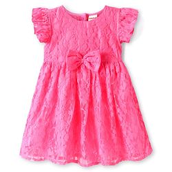 Babyhug Cotton Woven Frilled Sleeves Frocks with Bow Applique - Dark Pink