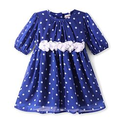 Babyhug Cotton Woven Half Sleeves Frock with Polka Dots Print & Floral Applique - Blue