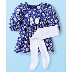 Babyhug Cotton Woven Three Fourth Sleeves Leaf Printed Dress With Bow Applique & Stockings - Navy Blue
