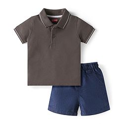 Babyhug Single Jersey Knit Half Sleeves Solid Colour Polo T-Shirt & Shorts Set - Grey & Blue