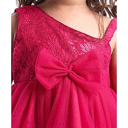Babyhug Woven Sleeveless Party Wear Fit & Flare Glitter Dress With Embroidery Details & Bow Applique - Dark Pink