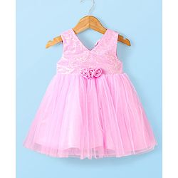 Babyhug Woven Sleeveless Party Dress With Floral Corsage & Sequinned Yoke - Pink