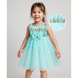 Babyhug Woven Sleeveless Shimmer Mesh Dress with Bow Applique & Designer Yoke - Aqua Blue
