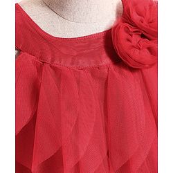 Babyhug Woven Sleeveless Line Mesh Party Dress with Ruffles & Floral Applique - Red
