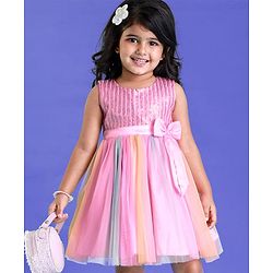 Babyhug Woven Sleeveless Fit & Flare Mesh Party Dress With Sequinned Yoke & Bow Detailing - Pink