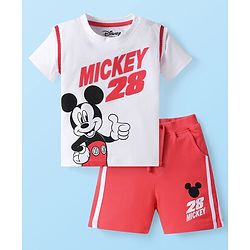 Babyhug Disney Single Jersey Knit Half Sleeves T-Shirt & Shorts Set With Mickey Mouse Graphics -Red & White