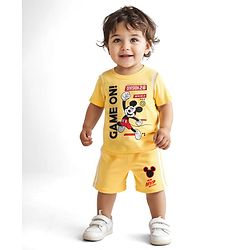 Babyhug Disney Single Jersey Knit Half Sleeves T-Shirt & Shorts Set With Mickey Mouse Graphics - Yellow