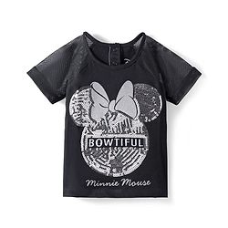Babyhug Disney Half Raglan Sleeves T-Shirt with Minnie Mouse Graphics Mesh & Sequins Detailing - Black