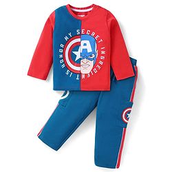 Babyhug Marvel Single Jersey Knit Full Sleeves T-Shirt & Lounge Pant Set With Avengers Graphics & Badge Detailing - Red & Blue