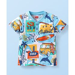 Babyhug Cotton Knit Half Sleeves Henley T-Shirt with Beach Theme Print - Light Blue