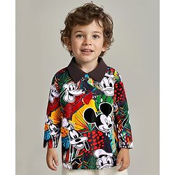 Babyhug Disney Single Jersey Knit Full Sleeves Polo T-Shirt with Mickey Mouse Print - White