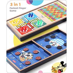 Babyhug Disney Mickey & Friends Theme 3 in 1 Fastest Finger Game |Improves Hand eye Co-ordination| Learning and Educational Toy| Family Board Game with Sling Puck Board,Ludo Snake & Ladder|Indoor Toys & Games for Kids.