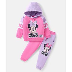 Babyhug Disney Terry Knit Full Raglan Sleeves Hooded Sweatshirt & Lounge Pant with Minnie Mouse Graphics - Pink & Lilac