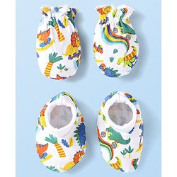 Babyhug 100% Cotton Interlock Knit Mittens & Booties Set With Dino Print - White