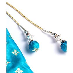 Babyhug Woven Half Puff Sleeves Pattu Pavda Brocade Choli With Lehenga & Dupatta Set & Tassel Detailing - Teal Blue