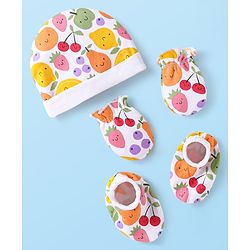 Babyhug 100% Cotton Knit Cap Mittens & Booties With Fruit Print White - Diameter 9 cm