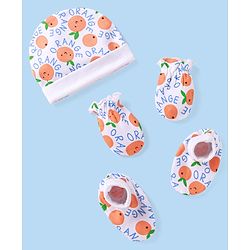 Babyhug 100% Cotton Cap Mittens & Booties Set With Orange Print - White