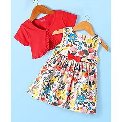 Babyhug Cotton Woven Half Sleeves Shrug & Floral Printed Frock with Bow Applique - Red & White