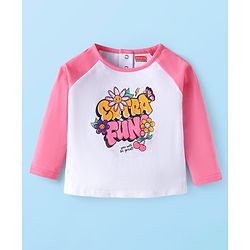 Babyhug Cotton Knit Full Raglan Sleeves T-Shirt With Text & Floral Print - Pink & White