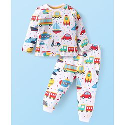 Babyhug Cotton Knit Full Sleeves Night Suit With Vehicles Print - White