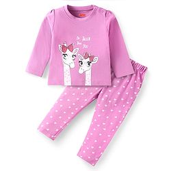 Babyhug Cotton Knit Full Sleeves Night Suit with Giraffe & Heart Print - Lilac