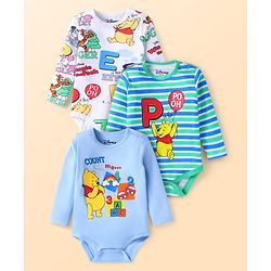 Babyhug Disney Interlock Knit Full Sleeves Onesies with Winnie the Stripes & Pooh Graphics Pack of 3 - White & Blue