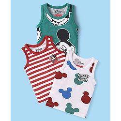 Babyhug Disney Single Jersey Knit Sleeveless Vests With Mickey Mouse Grpahics Pack Of 3 - White Dark Green