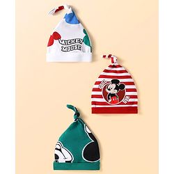 Babyhug Disney Interlock Knit Knot Caps With Mickey Mouse Graphics Pack of 3 - Red White & Green