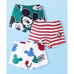 Babyhug Disney Single Jersey Knit Trunks with Stripes & Mickey Mouse Graphics Pack of 3 - White Green & Wine