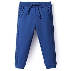 Babyhug Terry Knit Full Length Solid Colour Lounge Pant With Lace Detailing - Blue