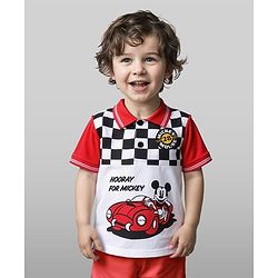 Babyhug Disney Single Jersey Knit Half Sleeve Collar T-Shirt With Front & Back Mickey Mouse Graphics - Red & White