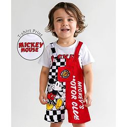 Babyhug Disney Single Jersey Knit Half Sleeves T-Shirt & Dungaree Set with Mickey Mouse Graphics - Red