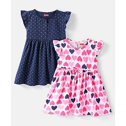 Babyhug 100% Cotton Knit Half Sleeves Frocks Polka & Floral Print Pack of 2 - Multicolor