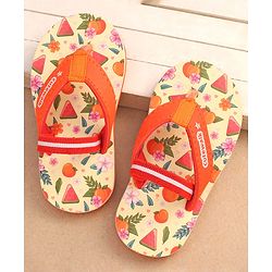 Cute Walk by Babyhug Floral & Fruits Printed Flip Flops With Backstrap - Orange