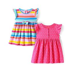 Babyhug Cotton Knit Frill Sleeves Frocks with Polka Dots Stripes & Bow Applique Pack of 2- Pink & Blue