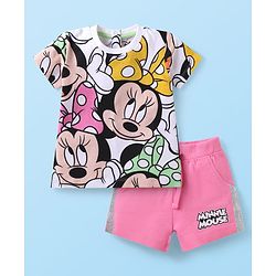 Babyhug Disney Single Jersey Knit Half Sleeves T-Shirt & Shorts Set with Minnie Mouse Graphics - Pink